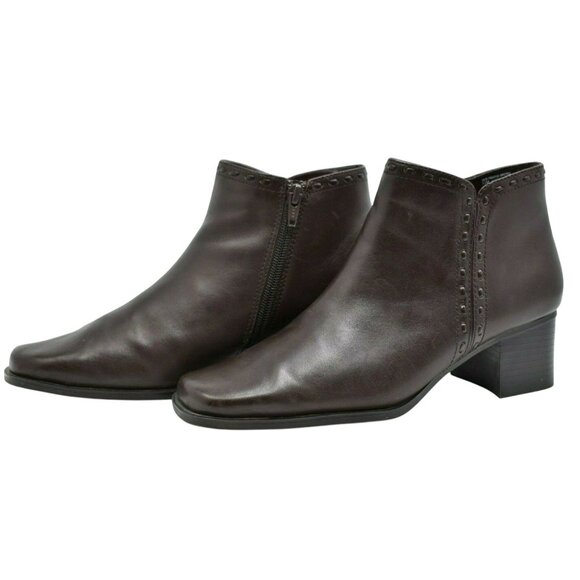 Vintage 1990s Brown Leather Ankle Boots Block Heel Zip Booties Y2K Streetwear - Picture 2 of 8